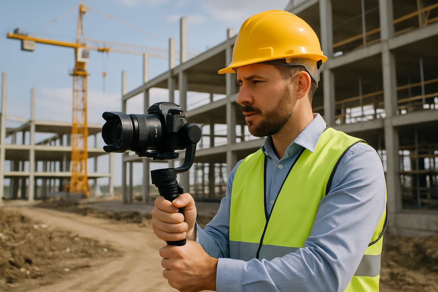 Contractor filming a construction site for a promotional video