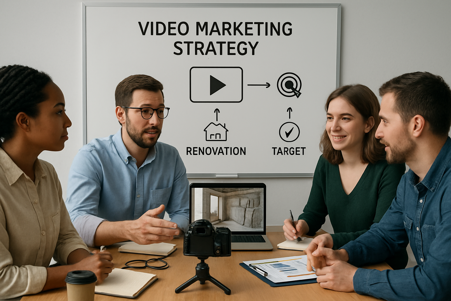 Team collaborating on a video marketing strategy for a renovation project