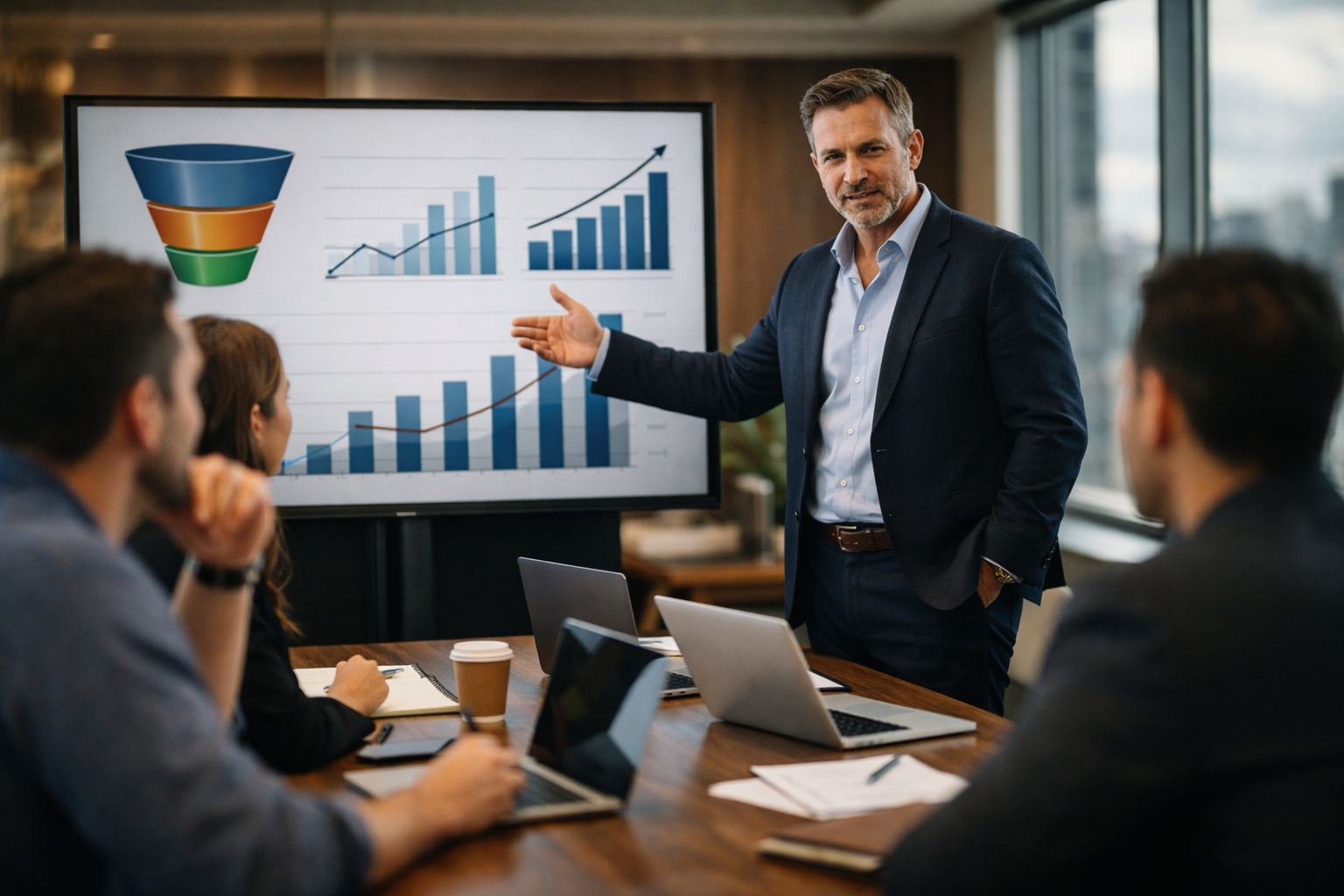 photographic business strategy meeting inside modern office where entrepreneur explains growth strategy for construction company using charts on large