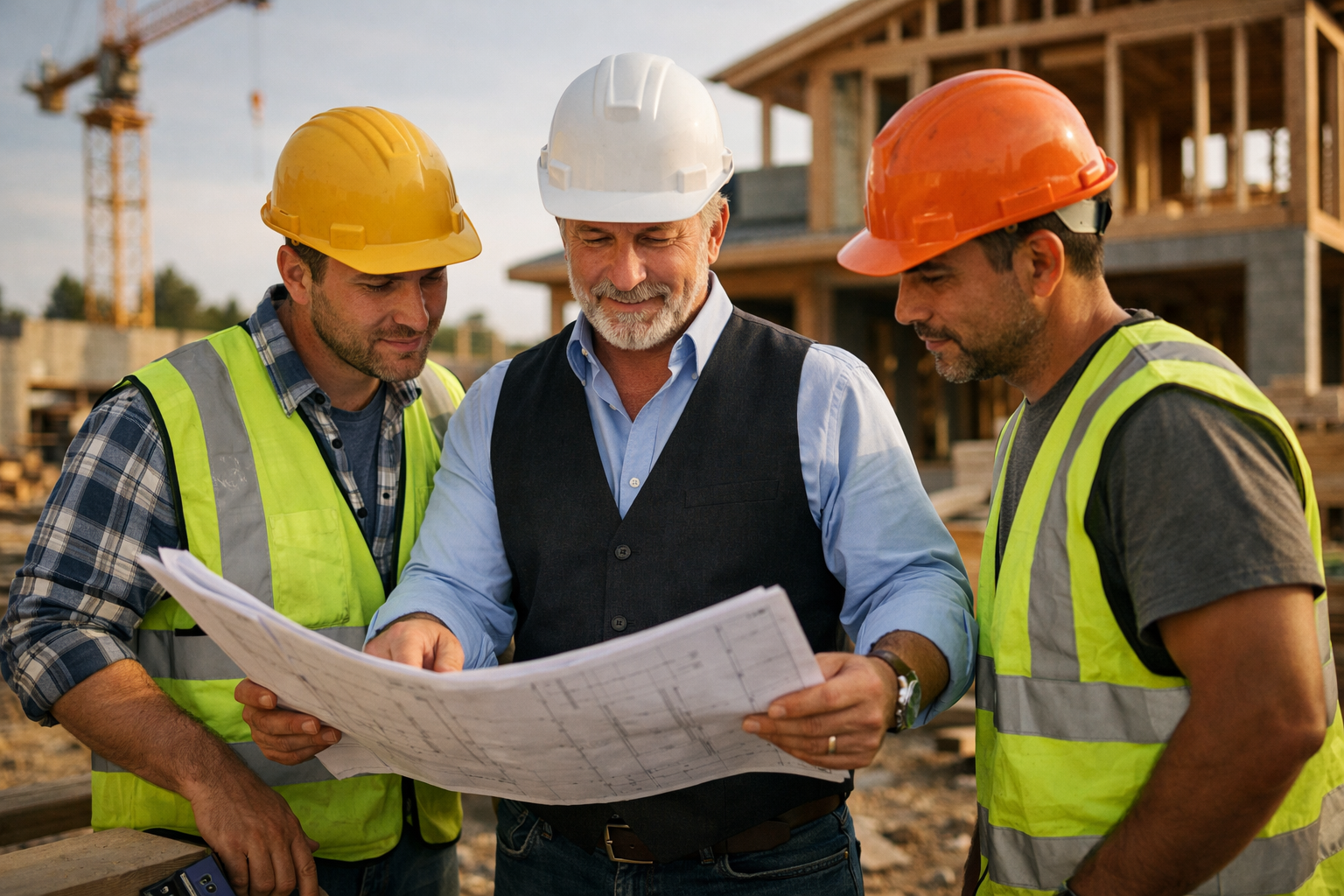 photographic experienced construction company owner standing on an active residential construction site reviewing building plans with two construction